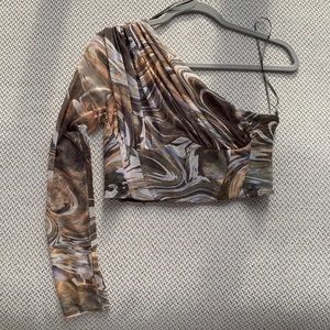 Zara one shoulder corset mesh green print top asymmetrical